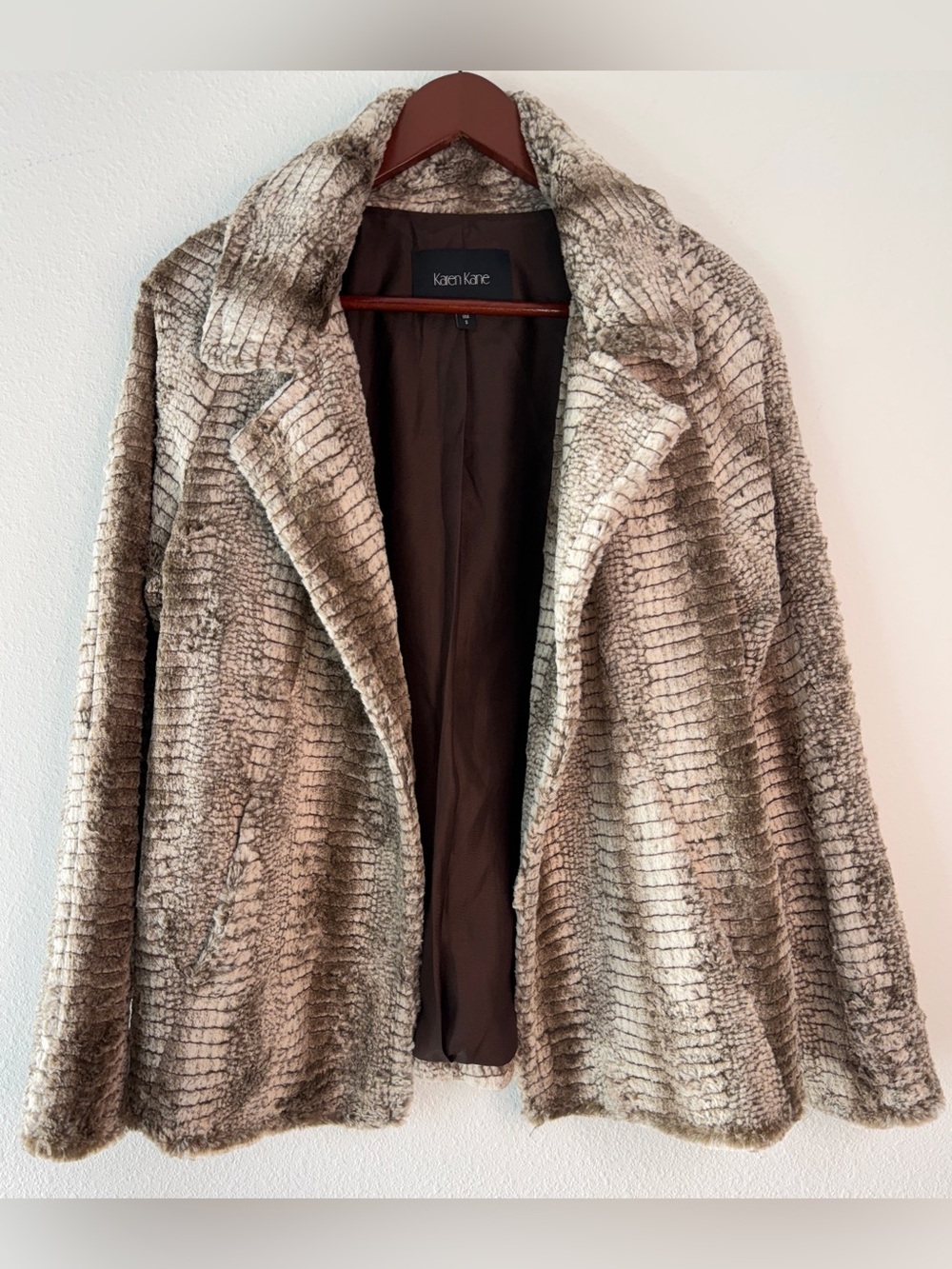Karen Kane Faux Fur Jacket Brown Snake Print Animal Print Winter Coat Small